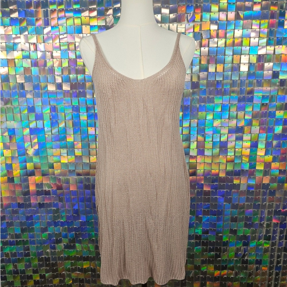 Slouchy Relaxed Ribbed Knit Side‎ Slit Midi Dress Rose Gold Tan Beachwear